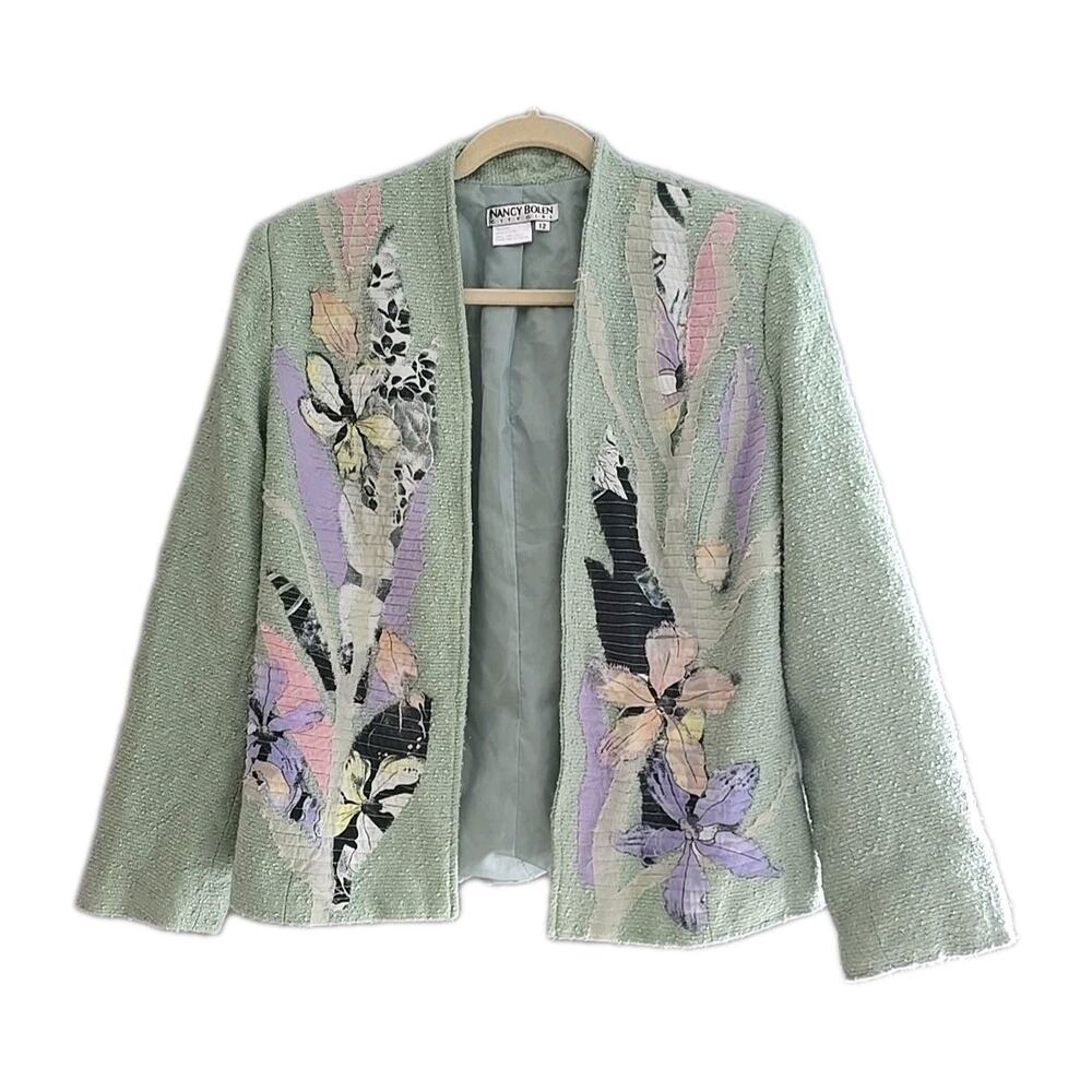 Nancy Bolen Green Floral Patched Jacquard Open‎ Front Casual Jacket Womans Sz 12